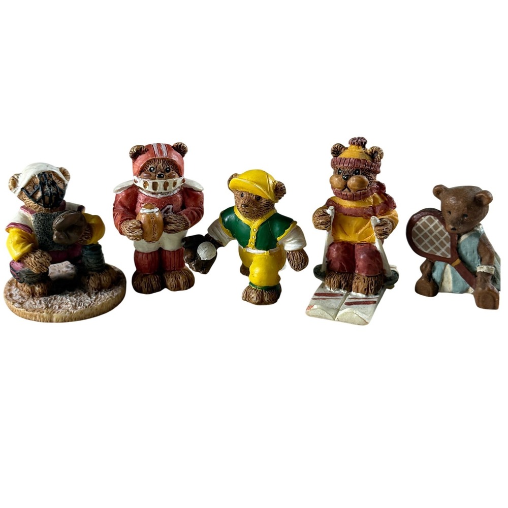 Vintage 1992 THT Miniature Sports Bear Figurines Set of 5 Football Baseball Ski